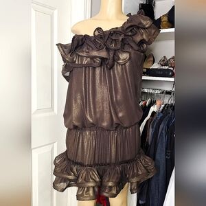 Metallic Bronze Ruffle Mini Dress